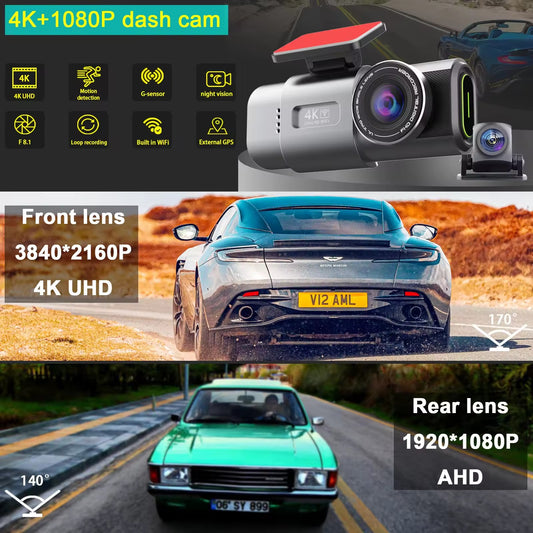 Camera auto de bord 4K, Rezolutie 3840x2160 Ultra HD, Conectivitate Wi-Fi, + Camera Spate 1080p
