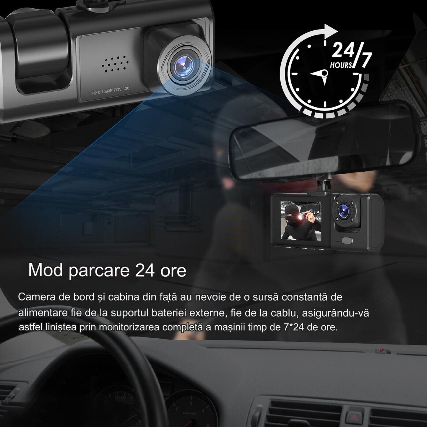 Camera auto tripla de bord Full HD 1080P, 3 Lentile, IPS Display 2", Inregistrare Dubla, Loop Recording, G-sensor